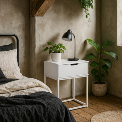 Wyld Haus Tokyo White Bedside Table 1 Drawer, Matt White Steel Legs, 400 X 300 X 615 mm - image 1