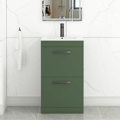 Royal Bathrooms Turin 500mm Floor Standing Vanity Unit Matt Green 2 Drawer Minimalist Basin With Matt Black Handles - image 1