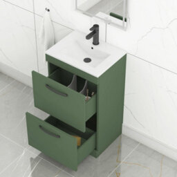 Royal Bathrooms Turin 500mm Floor Standing Vanity Unit Matt Green 2 Drawer Minimalist Basin With Matt Black Handles - thumbnail 5