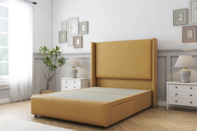 "Sloomy Stratford Mustard Plush Divan Bed No Drawers With 54"" Wingback Headboard & 12"" Footboard 5' King" - image 1
