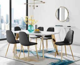 Furniturebox Andria White Marble Effect & Gold Leg Dining Table & 6 Black Corona Gold Leg Faux Leather Chairs