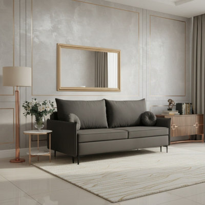 Leon M Upholstered Sofa Bed With Dl Sleeping Function Bedding Storage Metal Legs 216X96X101 Cm 200X140 Cm Dark Grey - image 1