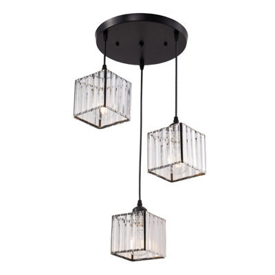 Thehotsale 3-Light Black Height Adjustable Crystal Square Lampshade Ceiling Pendant Light Fixture - image 1