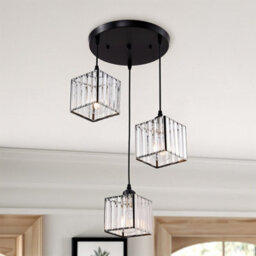 Thehotsale 3-Light Black Height Adjustable Crystal Square Lampshade Ceiling Pendant Light Fixture - thumbnail 2