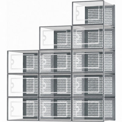Grey 12X Clear Stackable Plastic Shoe Storage Boxes Organiser Rack - image 1
