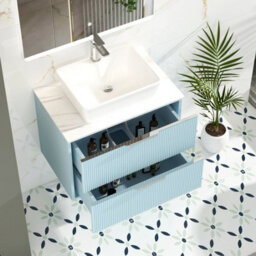 Royal Bathrooms Evora 700mm Powder Blue Fluted Wall Hung Vanity Unit 2 Drawer With Carrara White Undrilled Worktop - thumbnail 3