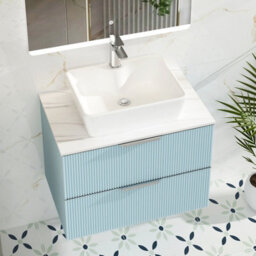 Royal Bathrooms Evora 700mm Powder Blue Fluted Wall Hung Vanity Unit 2 Drawer With Carrara White Undrilled Worktop - thumbnail 5