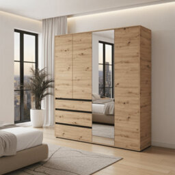 Amos Mann Furniture Corbett Artisan Oak Effect 4 Door 3 Drawer Mirrored Wardrobe - thumbnail 2