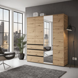 Amos Mann Furniture Corbett Artisan Oak Effect 4 Door 3 Drawer Mirrored Wardrobe - thumbnail 4