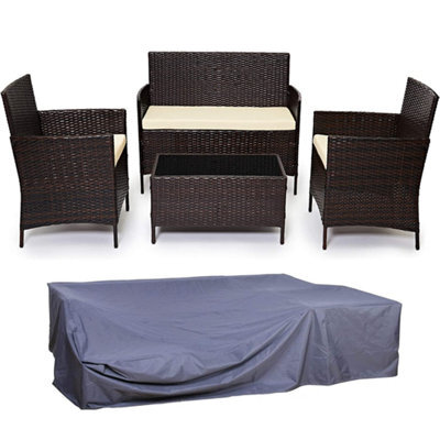 Evre Brown Madrid Rattan Garden Furniture Set Patio Conservatory Outdoor 4 Seat Glass Coffee Table & Cover - Inc Weekend Delivery - image 1