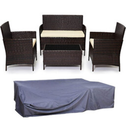 Evre Brown Madrid Rattan Garden Furniture Set Patio Conservatory Outdoor 4 Seat Glass Coffee Table & Cover - Inc Weekend Delivery