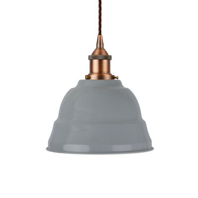 French Grey Lincoln Painted Dome Pendant Light With Matt Antique Copper Lamp Holder And Brown Twisted Cable - Se Home - image 1