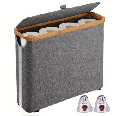 Slimline Freestanding Toilet Roll Storage Basket With Lid - Waterproof Fabric & Bamboo Bathroom Paper Bin - image 1