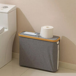 Slimline Freestanding Toilet Roll Storage Basket With Lid - Waterproof Fabric & Bamboo Bathroom Paper Bin - thumbnail 3