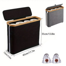 Slimline Freestanding Toilet Roll Storage Basket With Lid - Waterproof Fabric & Bamboo Bathroom Paper Bin - thumbnail 2