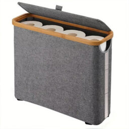 Slimline Freestanding Toilet Roll Storage Basket With Lid - Waterproof Fabric & Bamboo Bathroom Paper Bin - thumbnail 4