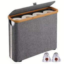 Slimline Freestanding Toilet Roll Storage Basket With Lid - Waterproof Fabric & Bamboo Bathroom Paper Bin - thumbnail 1