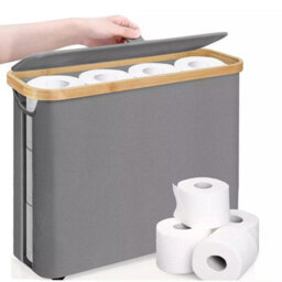 Slimline Freestanding Toilet Roll Storage Basket With Lid - Waterproof Fabric & Bamboo Bathroom Paper Bin - thumbnail 5