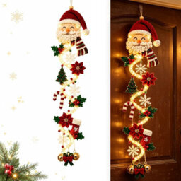 Amorly 60Cm Glowing Christmas Door Hanger, Rustic Quilted Fabric Wreath, Light Up Christmas Decoration, Vertical Display (Santa) - thumbnail 2