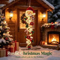 Amorly 60Cm Glowing Christmas Door Hanger, Rustic Quilted Fabric Wreath, Light Up Christmas Decoration, Vertical Display (Santa) - thumbnail 4