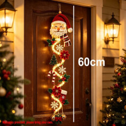 Amorly 60Cm Glowing Christmas Door Hanger, Rustic Quilted Fabric Wreath, Light Up Christmas Decoration, Vertical Display (Santa) - thumbnail 5