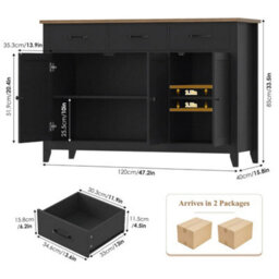 Black Sideboard, 120Cm Wide Kitchen Cabinets With 3 Doors, 3 Drawers & 1 Adjustable - thumbnail 2