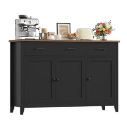 Black Sideboard, 120Cm Wide Kitchen Cabinets With 3 Doors, 3 Drawers & 1 Adjustable - thumbnail 1