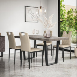 More4Homes Aria Dining Table And Chairs -  Concrete Effect Table Top W Black Legs + Monza Faux Leather Dining Chair Set Of 6 (Beige)