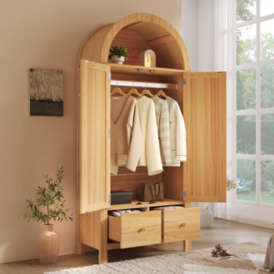 Btm Rattan Wardrobe With Arched Top, 2 Door Armoire With Hanging Rail, 2 Drawers, Magnetic Doors  78 X 45 X 181Cm - image 1