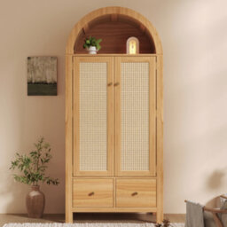 Btm Rattan Wardrobe With Arched Top, 2 Door Armoire With Hanging Rail, 2 Drawers, Magnetic Doors  78 X 45 X 181Cm - thumbnail 9