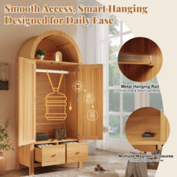 Btm Rattan Wardrobe With Arched Top, 2 Door Armoire With Hanging Rail, 2 Drawers, Magnetic Doors  78 X 45 X 181Cm - thumbnail 5