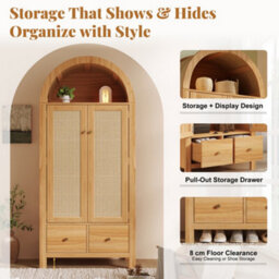 Btm Rattan Wardrobe With Arched Top, 2 Door Armoire With Hanging Rail, 2 Drawers, Magnetic Doors  78 X 45 X 181Cm - thumbnail 6