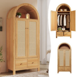 Btm Rattan Wardrobe With Arched Top, 2 Door Armoire With Hanging Rail, 2 Drawers, Magnetic Doors  78 X 45 X 181Cm - thumbnail 3