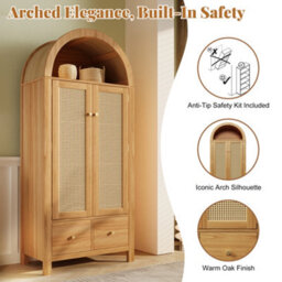 Btm Rattan Wardrobe With Arched Top, 2 Door Armoire With Hanging Rail, 2 Drawers, Magnetic Doors  78 X 45 X 181Cm - thumbnail 4