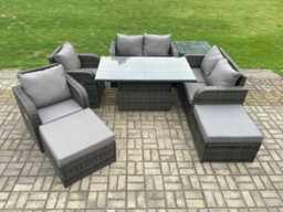Fimous 8 Seater Rattan Furniture Garden Dining Set Outdoor Height Adjustable Rising Lifting Table Love Sofa Chair - thumbnail 1
