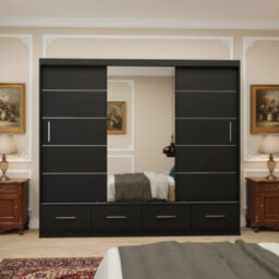 Florence 250 Large Sliding Wardrobe With Mirror Door Modern For Bedroom And Dining Room Storage Black With Mirror - thumbnail 1
