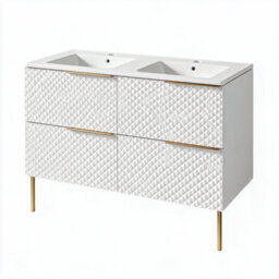 Bathroom City Elvia 1200mm White & Gold Twin Basin Vanity Unit - His And Hers Double Sink Bathroom Furniture, Diamond Front - Gold Handles - thumbnail 6