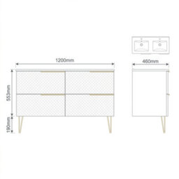 Bathroom City Elvia 1200mm White & Gold Twin Basin Vanity Unit - His And Hers Double Sink Bathroom Furniture, Diamond Front - Gold Handles - thumbnail 7