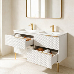 Bathroom City Elvia 1200mm White & Gold Twin Basin Vanity Unit - His And Hers Double Sink Bathroom Furniture, Diamond Front - Gold Handles - thumbnail 5