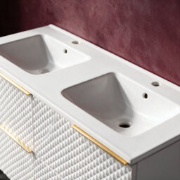 Bathroom City Elvia 1200mm White & Gold Twin Basin Vanity Unit - His And Hers Double Sink Bathroom Furniture, Diamond Front - Gold Handles - thumbnail 3
