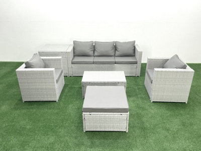 Fimous Rattan Garden Furniture Set 3 Seater Sofa 2 Chair Rectangular Coffee Table Big Stool Side Table Light Grey - image 1