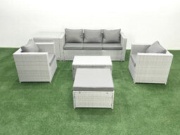 Fimous Rattan Garden Furniture Set 3 Seater Sofa 2 Chair Rectangular Coffee Table Big Stool Side Table Light Grey - thumbnail 2