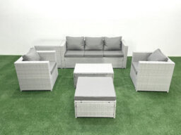 Fimous Rattan Garden Furniture Set 3 Seater Sofa 2 Chair Rectangular Coffee Table Big Stool Side Table Light Grey - thumbnail 1