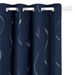 Deconovo Thermal Eyelet Curtains, Wave Line Foil Printed Blackout Curtains For Bedroom Windows, 52 X 90 Inch, Navy Blue, One Pair - thumbnail 1