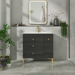 Royal Bathrooms Verona 800mm Black Woodgrain Floor Standing Vanity Unit 3 Drawer Side Pull Out Storage Ceramic Basin - Brass Knob - thumbnail 4