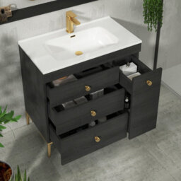 Royal Bathrooms Verona 800mm Black Woodgrain Floor Standing Vanity Unit 3 Drawer Side Pull Out Storage Ceramic Basin - Brass Knob - thumbnail 5