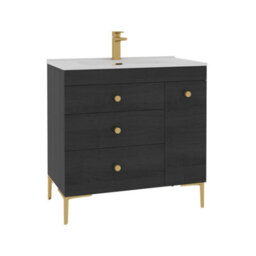 Royal Bathrooms Verona 800mm Black Woodgrain Floor Standing Vanity Unit 3 Drawer Side Pull Out Storage Ceramic Basin - Brass Knob - thumbnail 6