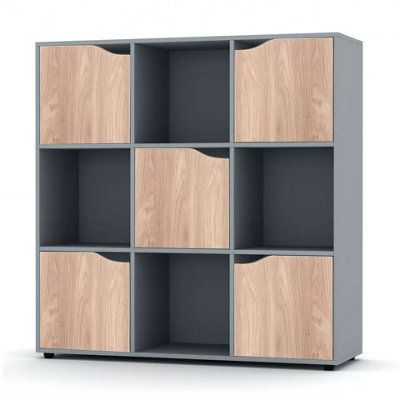 Urbn-Living Urbnliving 9 Cube Grey Wooden Bookcase Shelving Display Shelves Storage Unit Wood Shelf Oak Door - image 1