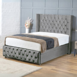 Bsspoke Divan Ottoman Bed In Grey Plush Velvet Upholstered 138Cm Wingedback Headboard&footboard Free Mattress 3Ft 4Ft 4Ft6 5Ft 6Ft - thumbnail 1
