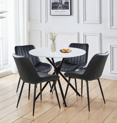 Hallowood Furniture Cullompton Small Round Marble Effect Dining Table 90Cm With 4 Black Bonded Leather Chairs - image 1